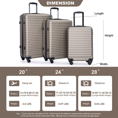 3 Piece Luggage Sets ABS Lightweight Suitcase with Two Hooks, Spinner Wheels, TSA Lock, (20/24/28) GOLD