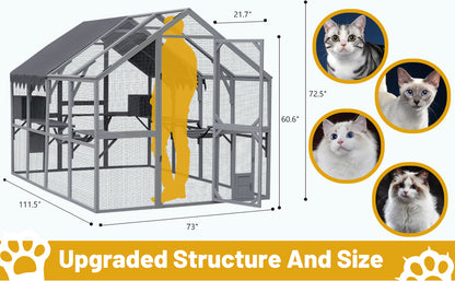 Outdoor Cat House Cat Enclosures 110" Large Kitten Playpen with Platforms,Upgrade Waterproof Cover-grey