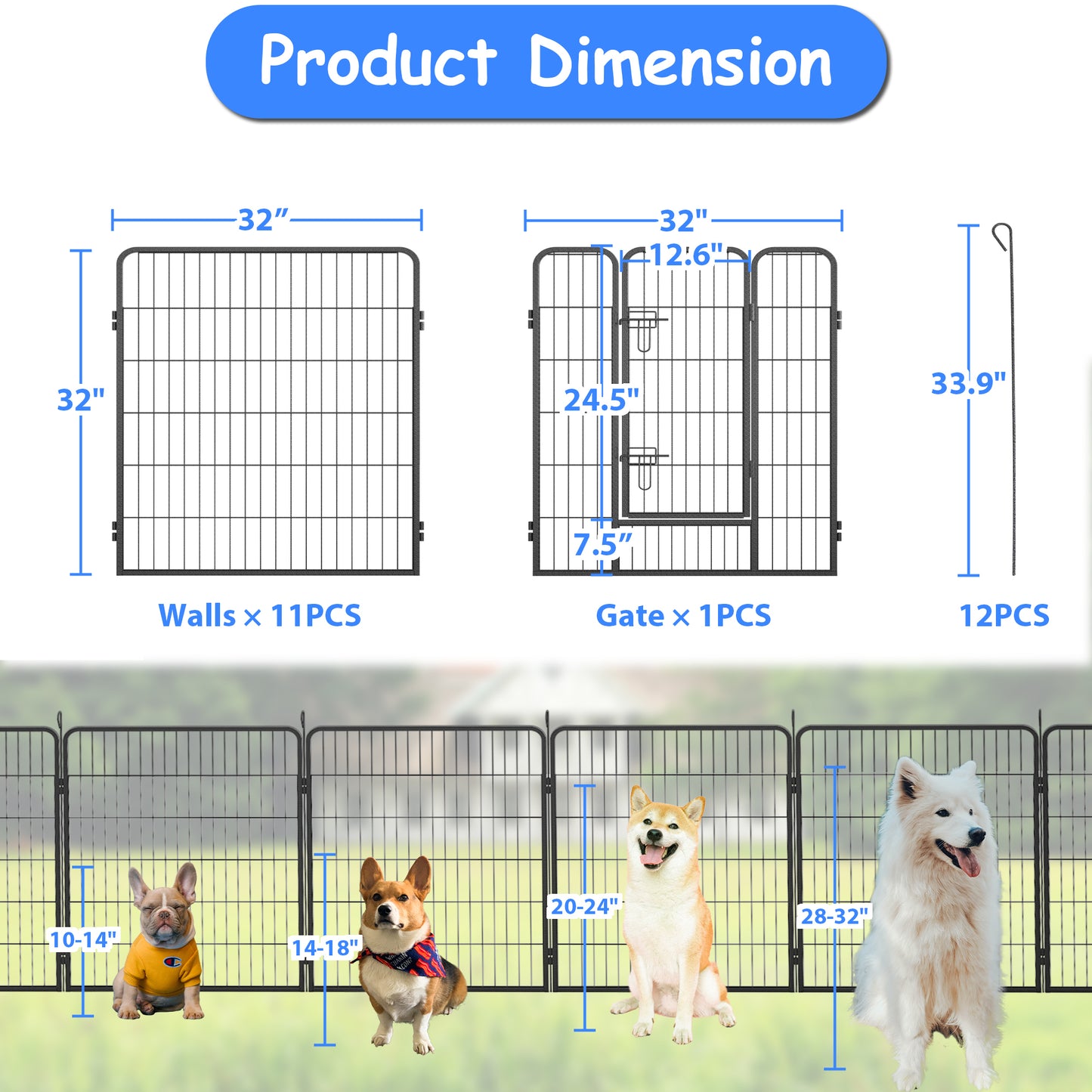 Dog Pens Outdoor 32" Height Foldable 12 Panels Heavy Duty Metal Portable Dog Playpen Indoor Anti-Rust Exercise Dog Fence with Doors for Large/Medium/Small Pets Play Pen for RV Camping Yard