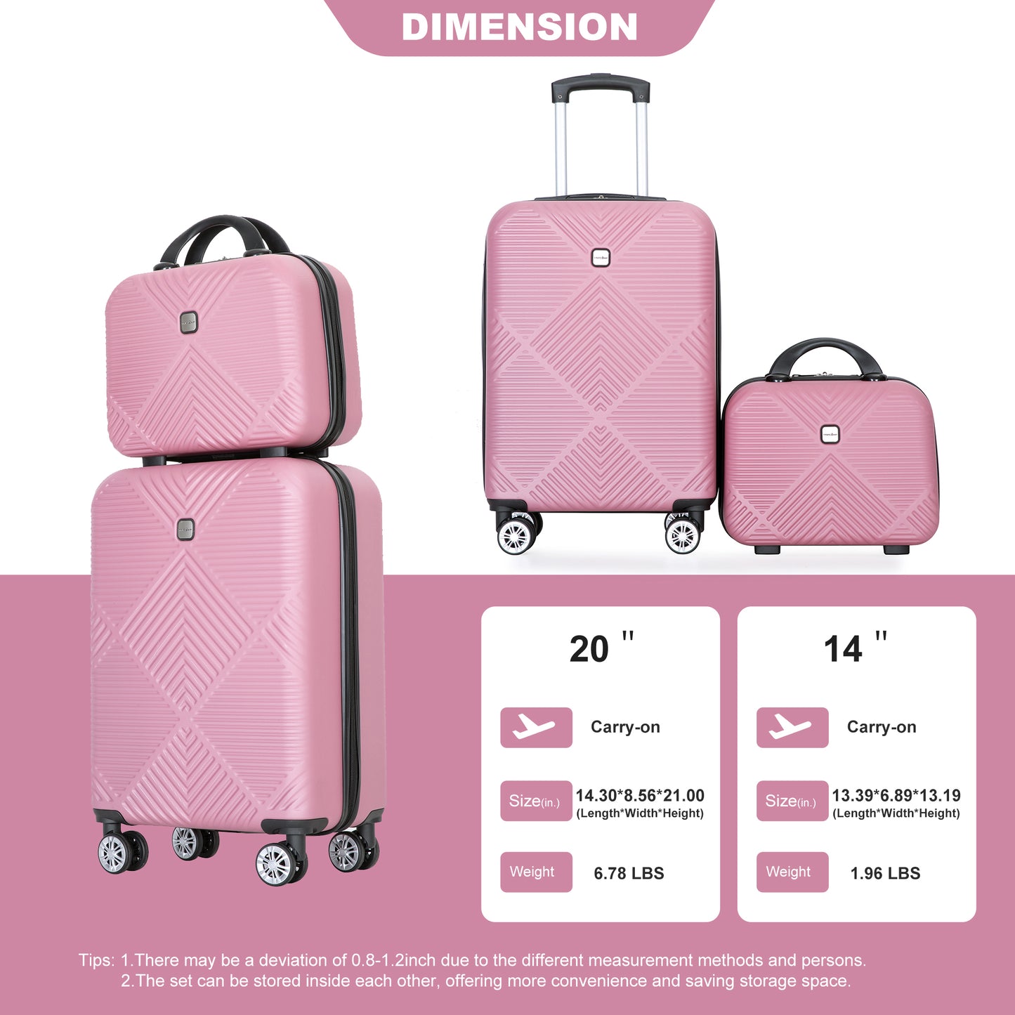 2Piece Luggage Sets ABS Lightweight Suitcase , Spinner Wheels,  (20/14)PINK