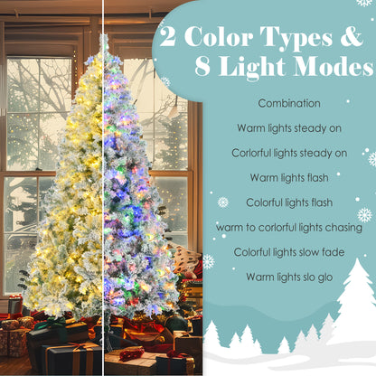 6FT Snow Flocked Christmas Tree, Pre-Lit Set with Tree & Garland & Wreath, Artificial Hinged Xmas Tree with Colorful LED Lights, 8 Lighting Modes, Pine Cones, Holiday Décor for Home