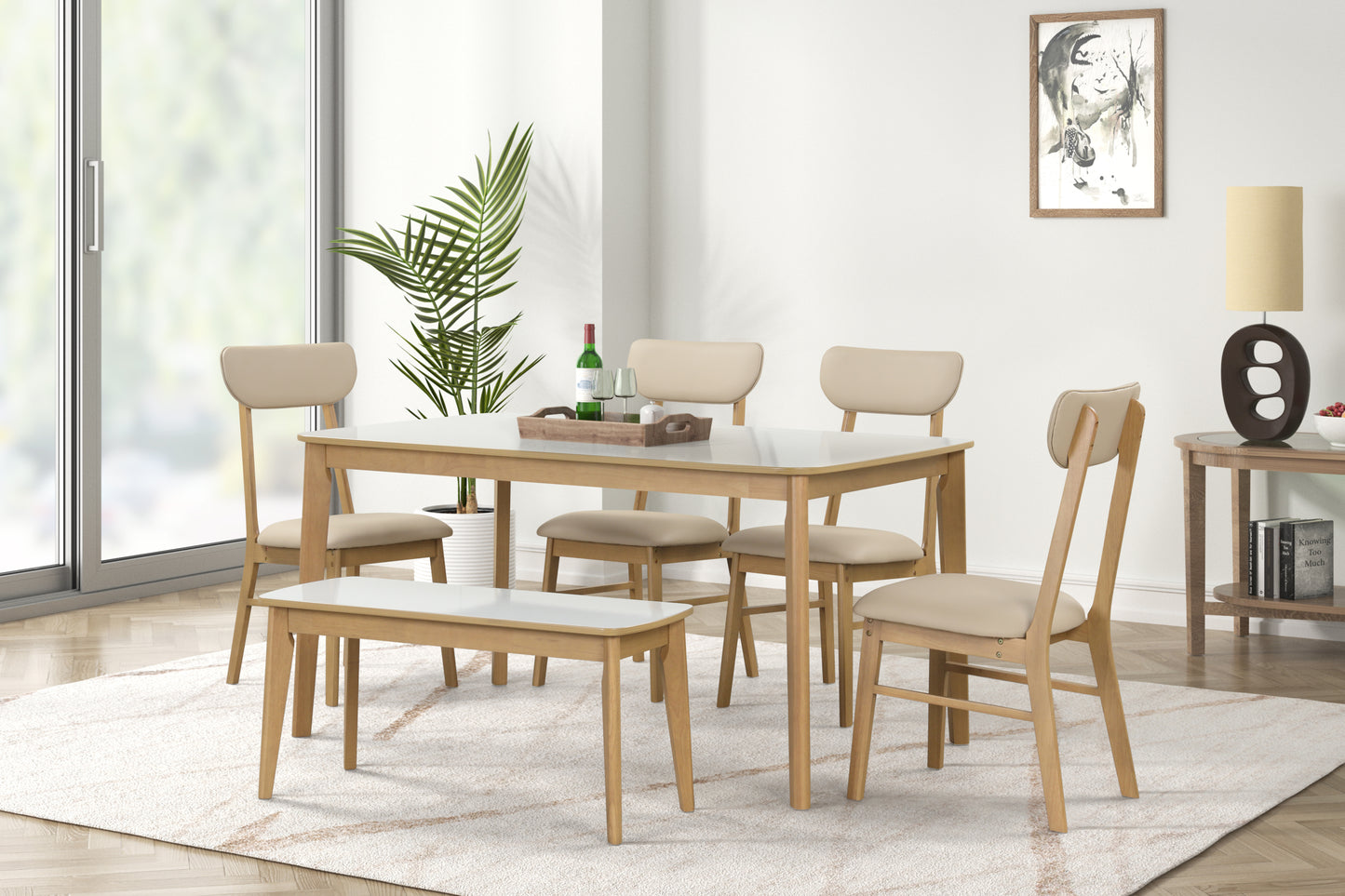 6-piece Dining Table Set, One Table One Bench and Four Chairs, High Gloss White Tabletop With Light Oak Color