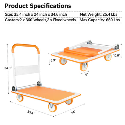 Foldable Push Cart Dolly - 660 Lb. Capacity Heavy Duty Moving Platform Hand Truck - Folding & Rolling White & Orange Flatbed Carts