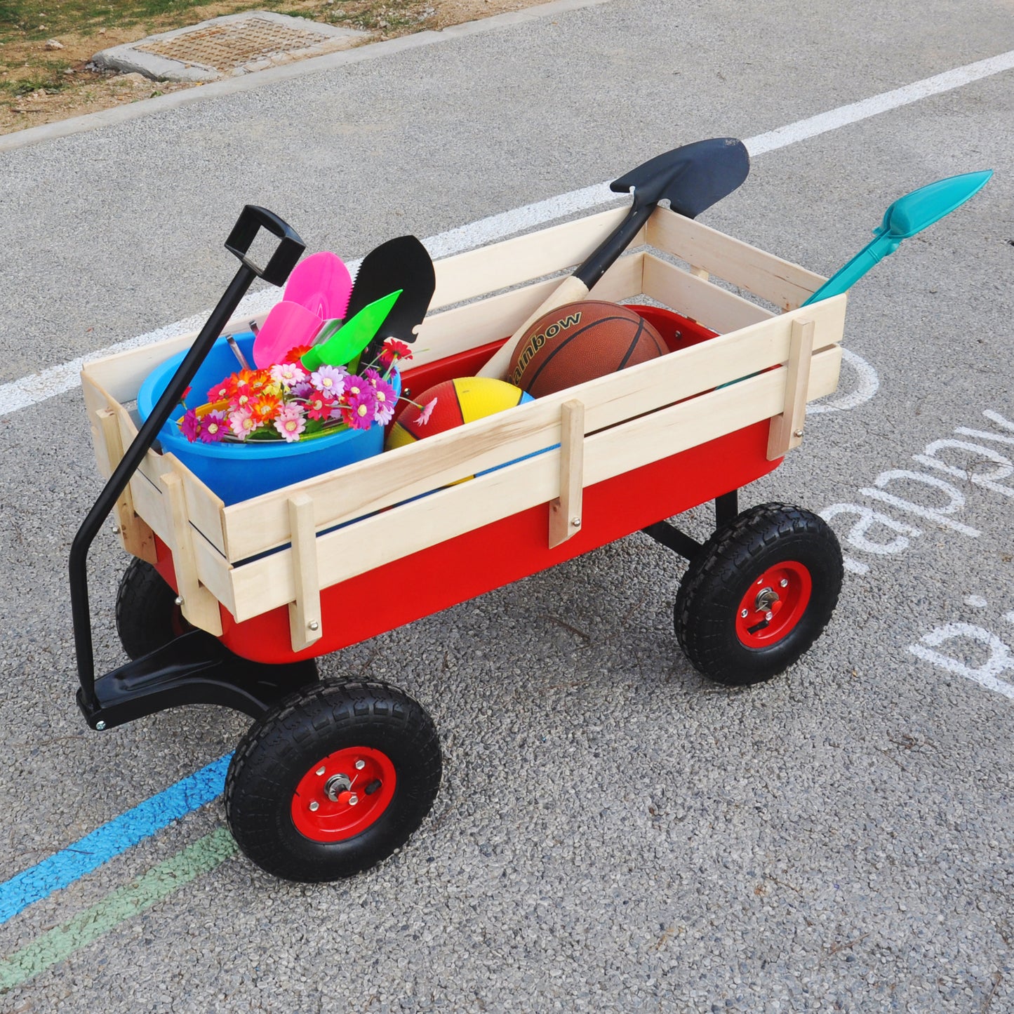 outdoor sport wagon tools cart wooden side panels air tires Wagon (red)