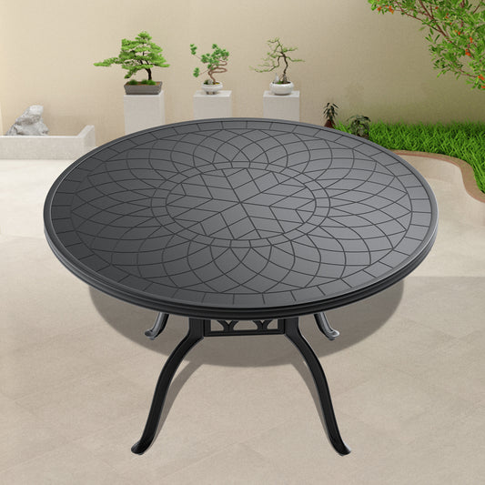 Ø47.24-inch Cast Aluminum Patio Dining Table With Black Frame and Carved Texture on the Tabletop