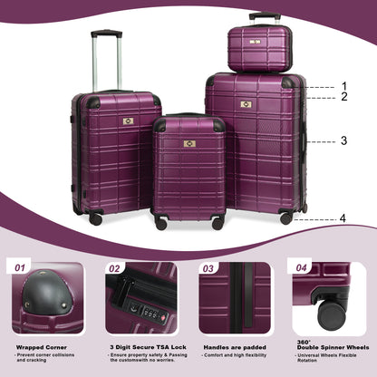 Luggage Sets ABS+PC Hardshell 4pcs  Luggage Hardside Lightweight Durable Suitcase sets Spinner Wheels Suitcase with TSA Lock (12/20/24/28),Purple