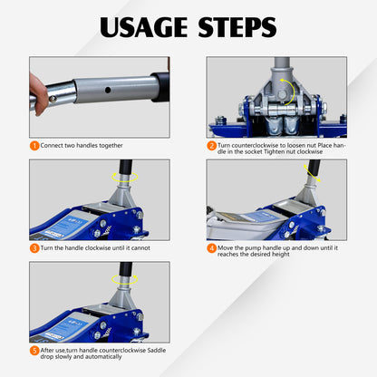 Low-Position Steel Vehicle Floor-mounted Hydraulic Jack with Dual-piston Quick-lift Pump, 3-Ton(6600 lb.) Capacity.