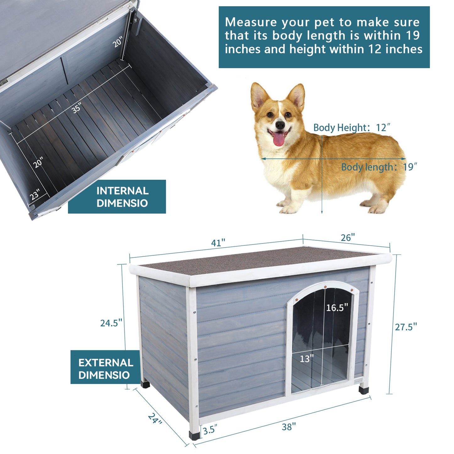 Medium Wooden Outdoor Dog House, Waterproof Roof, Elevated Floor, Adjustable Plastic Feet, Grey