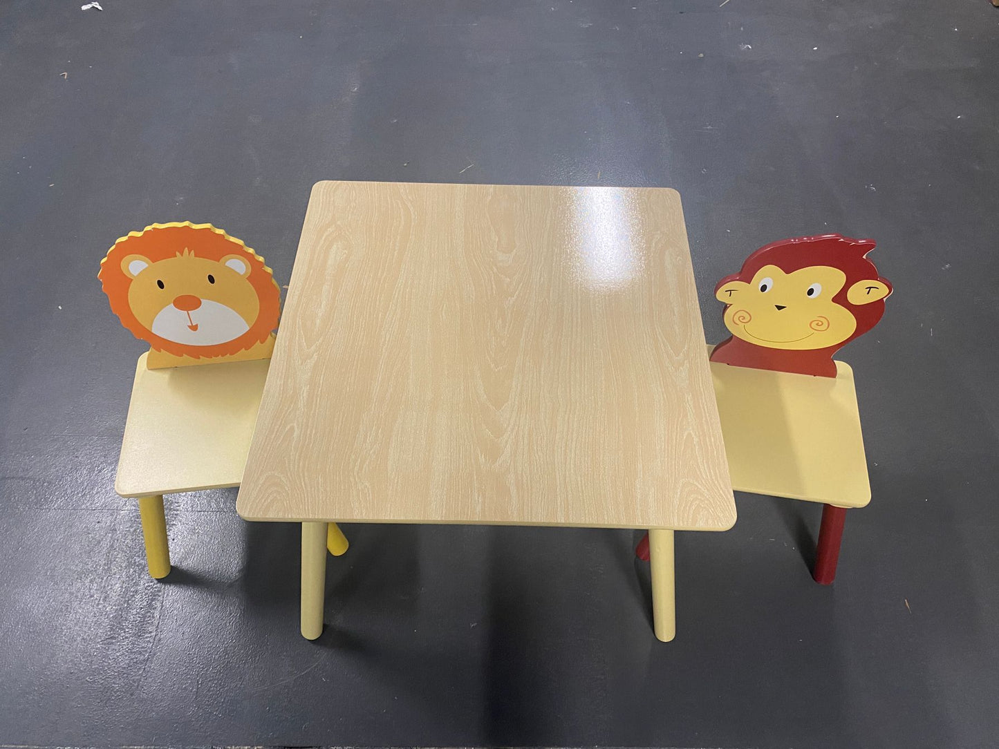 Kids Table and 2 Chairs Set, 3 Pieces Toddler Table and Chair Set, Wooden Activity Play Table Set (Lion&Monkey)