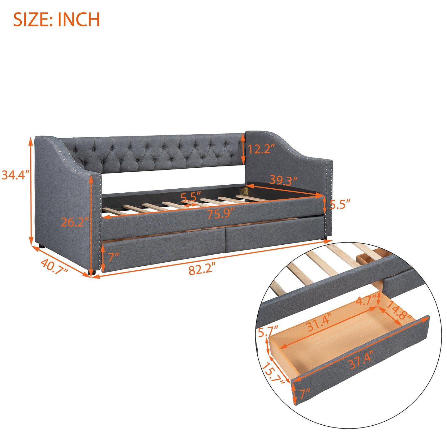 Upholstered Twin Size daybed with Two Drawers, Wood Slat Support, Gray(OLD SKU :LP000011AAE)