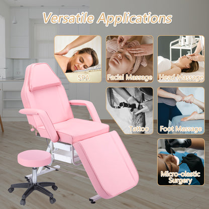 Massage Salon Tattoo Chair  with Two Trays Esthetician Bed with Hydraulic Stool,Multi-Purpose 3-Section Facial Bed Table, Adjustable Beauty Barber Spa Beauty Equipment, Pink