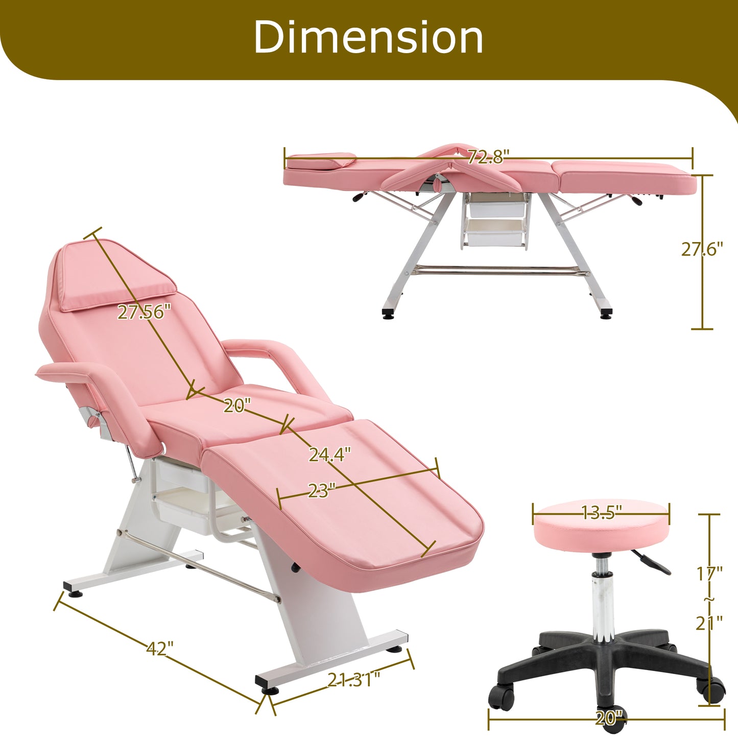 Massage Salon Tattoo Chair  with Two Trays Esthetician Bed with Hydraulic Stool,Multi-Purpose 3-Section Facial Bed Table, Adjustable Beauty Barber Spa Beauty Equipment, Pink