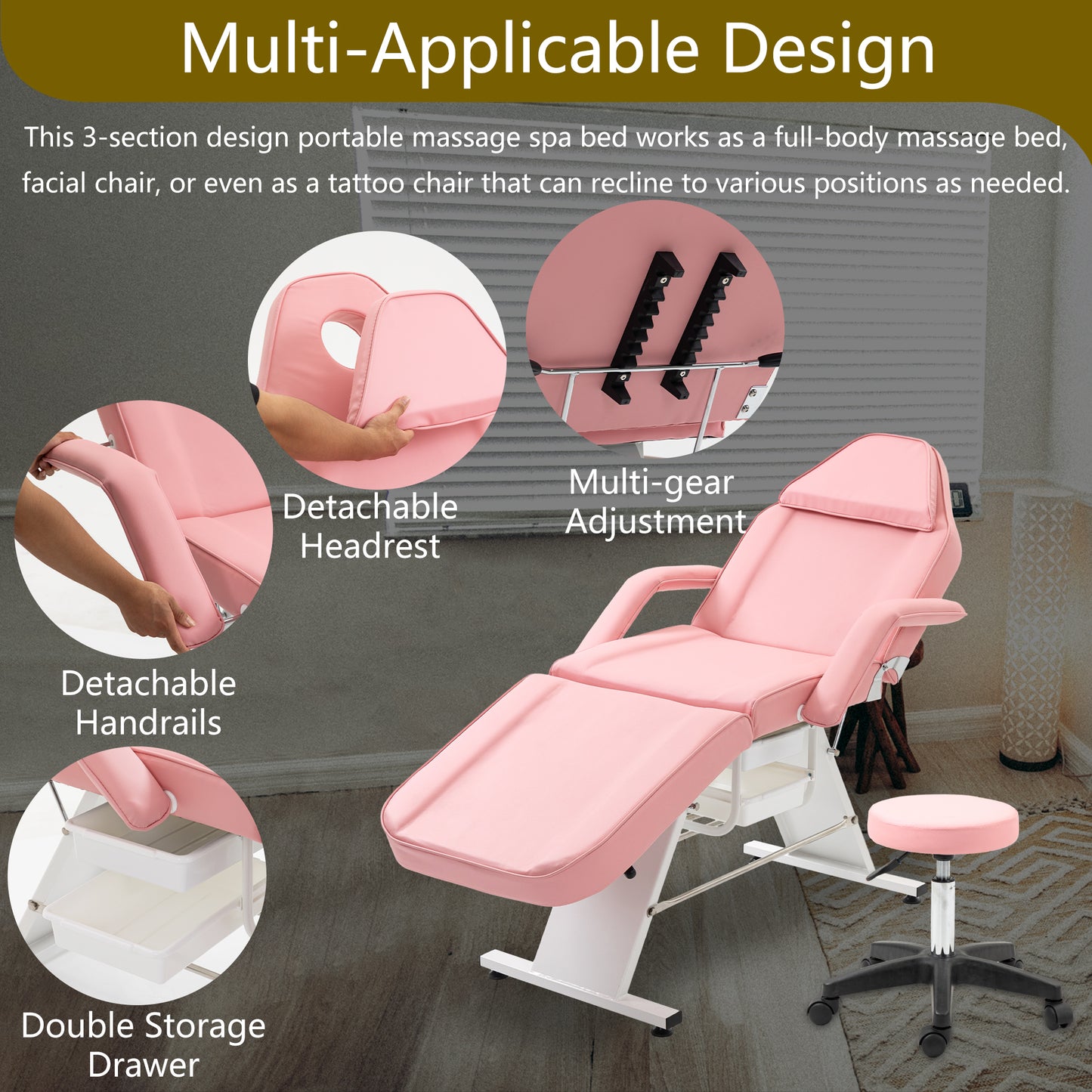 Massage Salon Tattoo Chair  with Two Trays Esthetician Bed with Hydraulic Stool,Multi-Purpose 3-Section Facial Bed Table, Adjustable Beauty Barber Spa Beauty Equipment, Pink