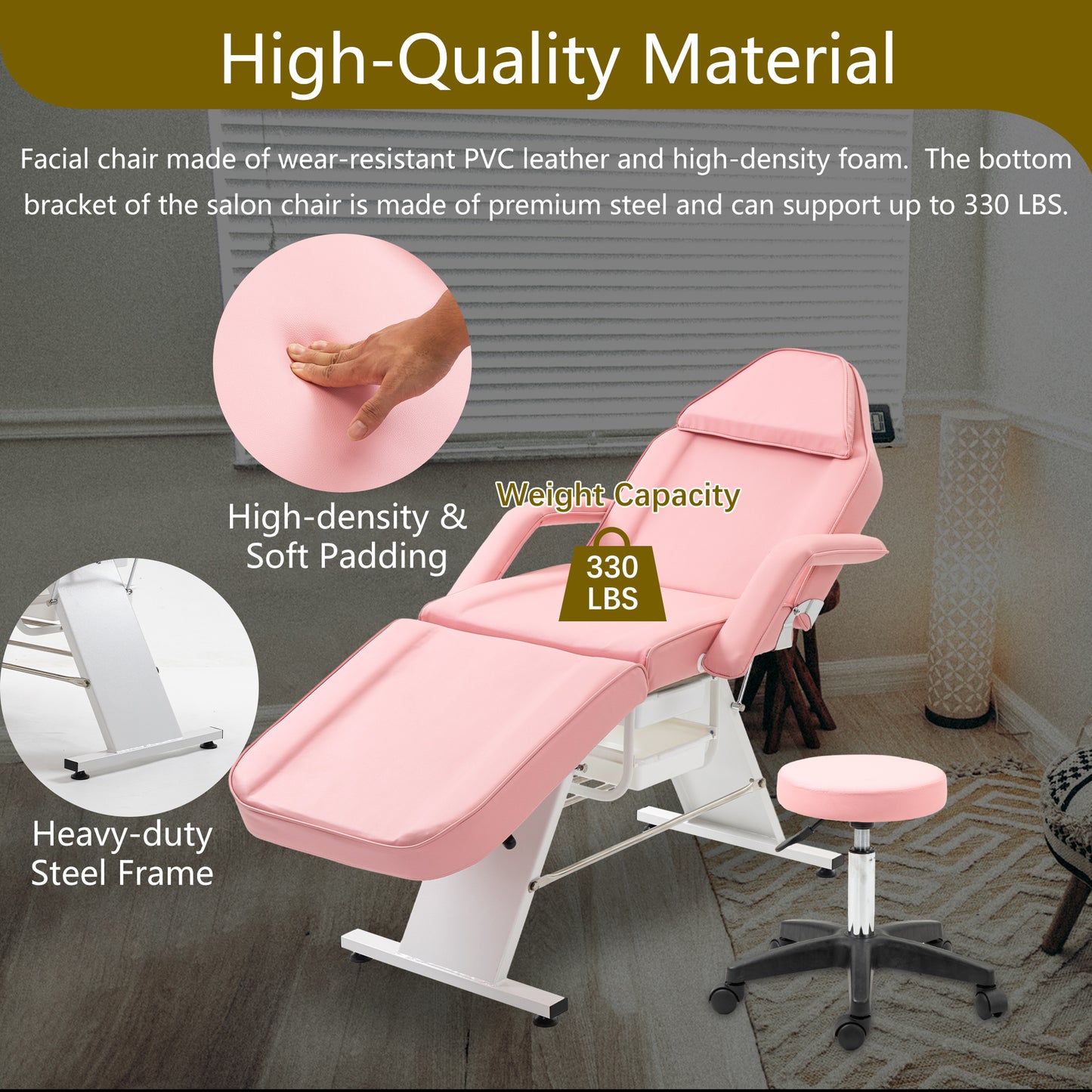 Massage Salon Tattoo Chair  with Two Trays Esthetician Bed with Hydraulic Stool,Multi-Purpose 3-Section Facial Bed Table, Adjustable Beauty Barber Spa Beauty Equipment, Pink