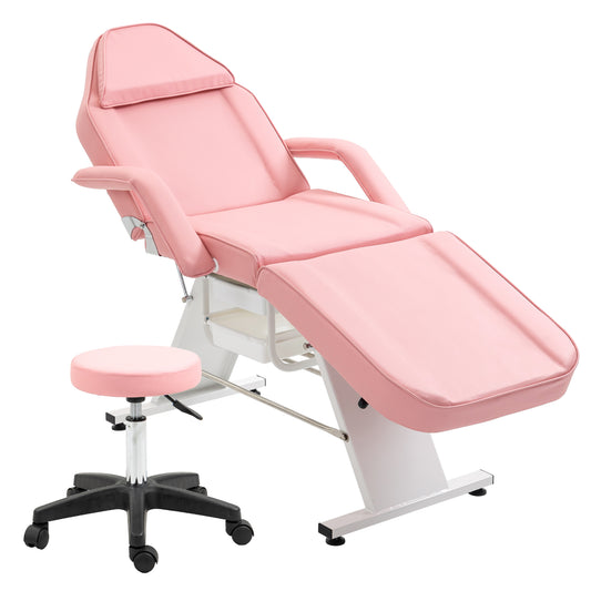 Massage Salon Tattoo Chair  with Two Trays Esthetician Bed with Hydraulic Stool,Multi-Purpose 3-Section Facial Bed Table, Adjustable Beauty Barber Spa Beauty Equipment, Pink