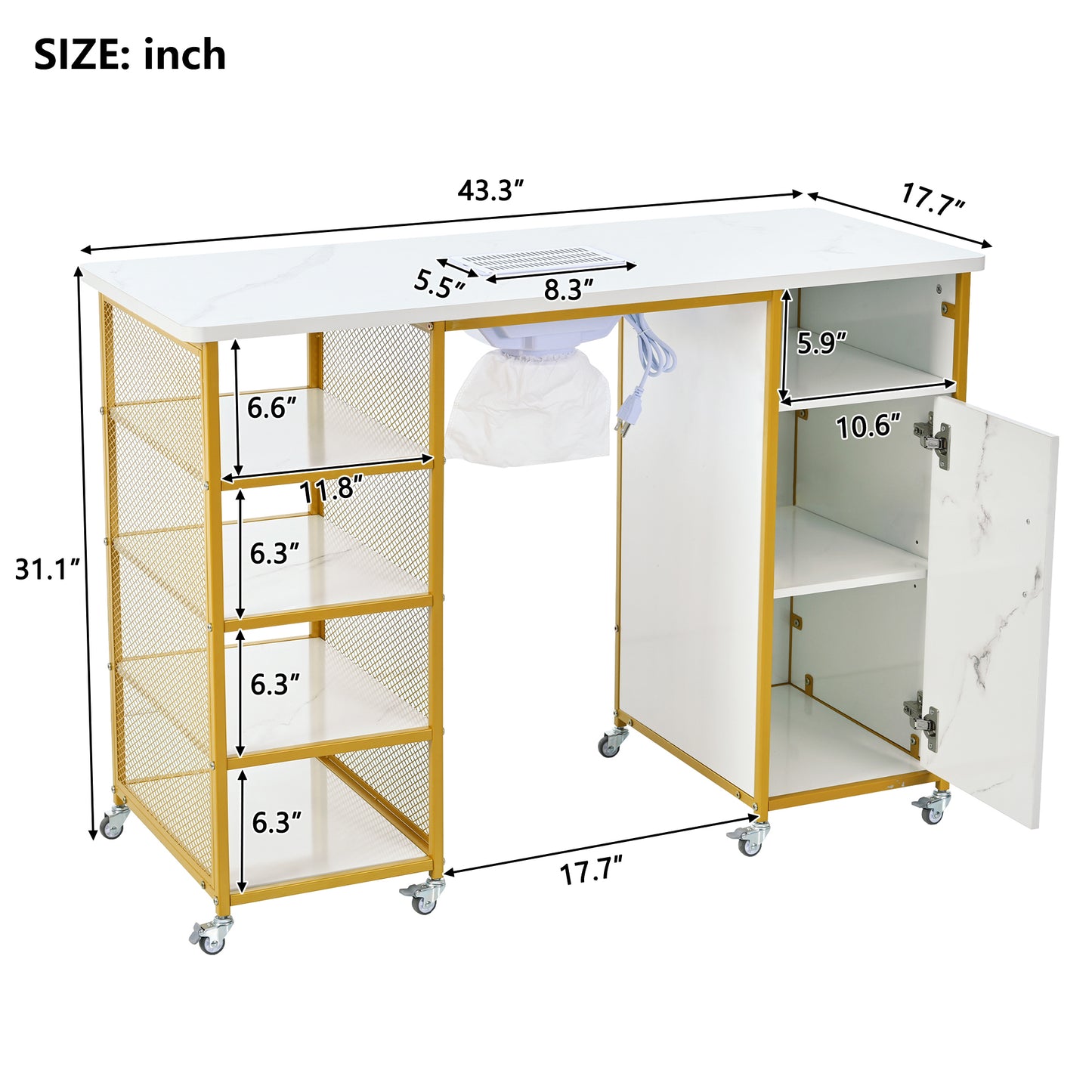 Manicure Table, Marbling Texture Nail Table with Electric Downdraft Vent,Wrist Cushion, Lockable Wheels, Storage layers & cabinet,White