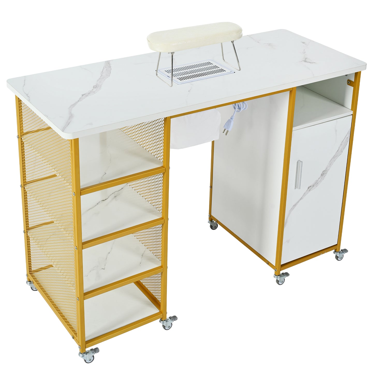 Manicure Table, Marbling Texture Nail Table with Electric Downdraft Vent,Wrist Cushion, Lockable Wheels, Storage layers & cabinet,White