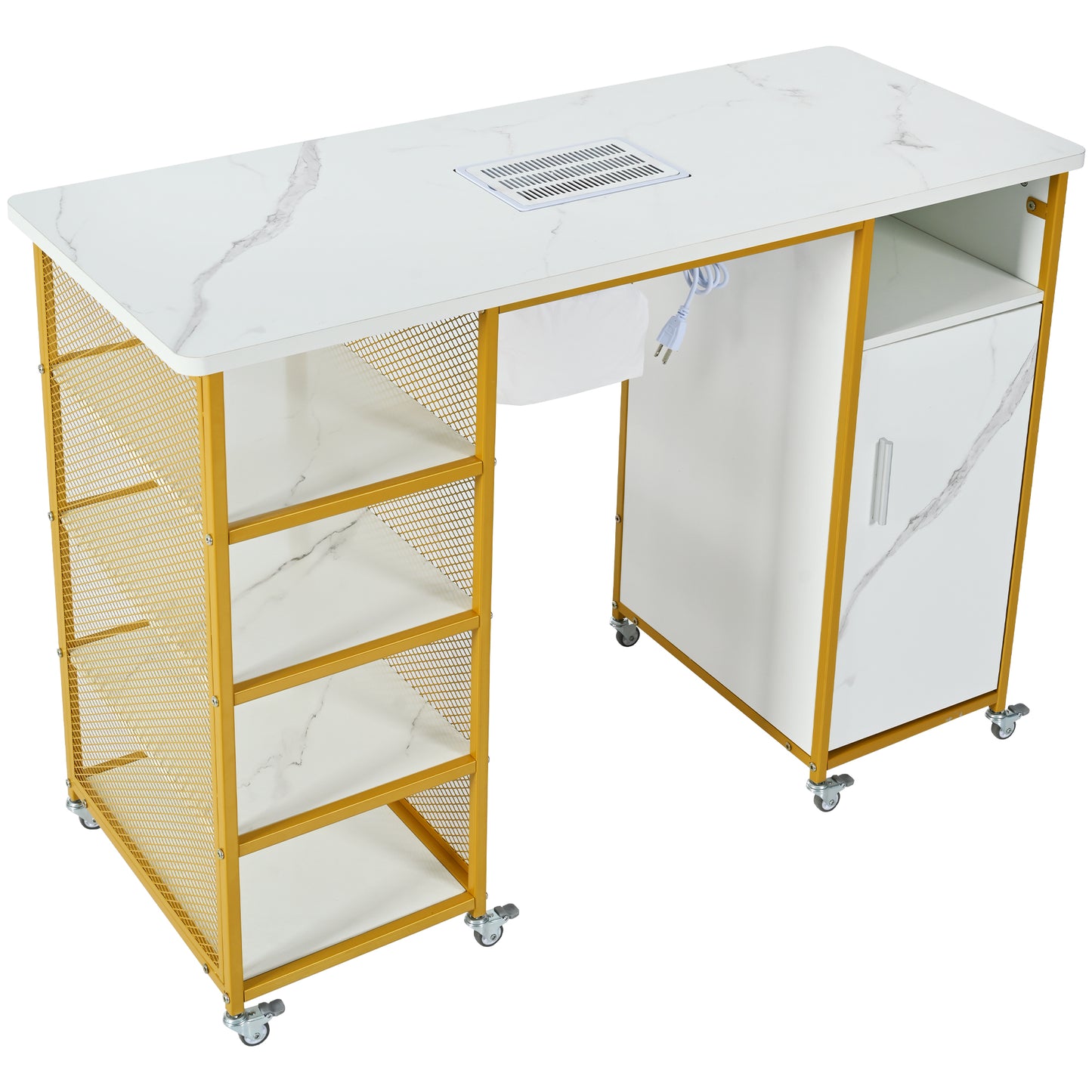 Manicure Table, Marbling Texture Nail Table with Electric Downdraft Vent,Wrist Cushion, Lockable Wheels, Storage layers & cabinet,White