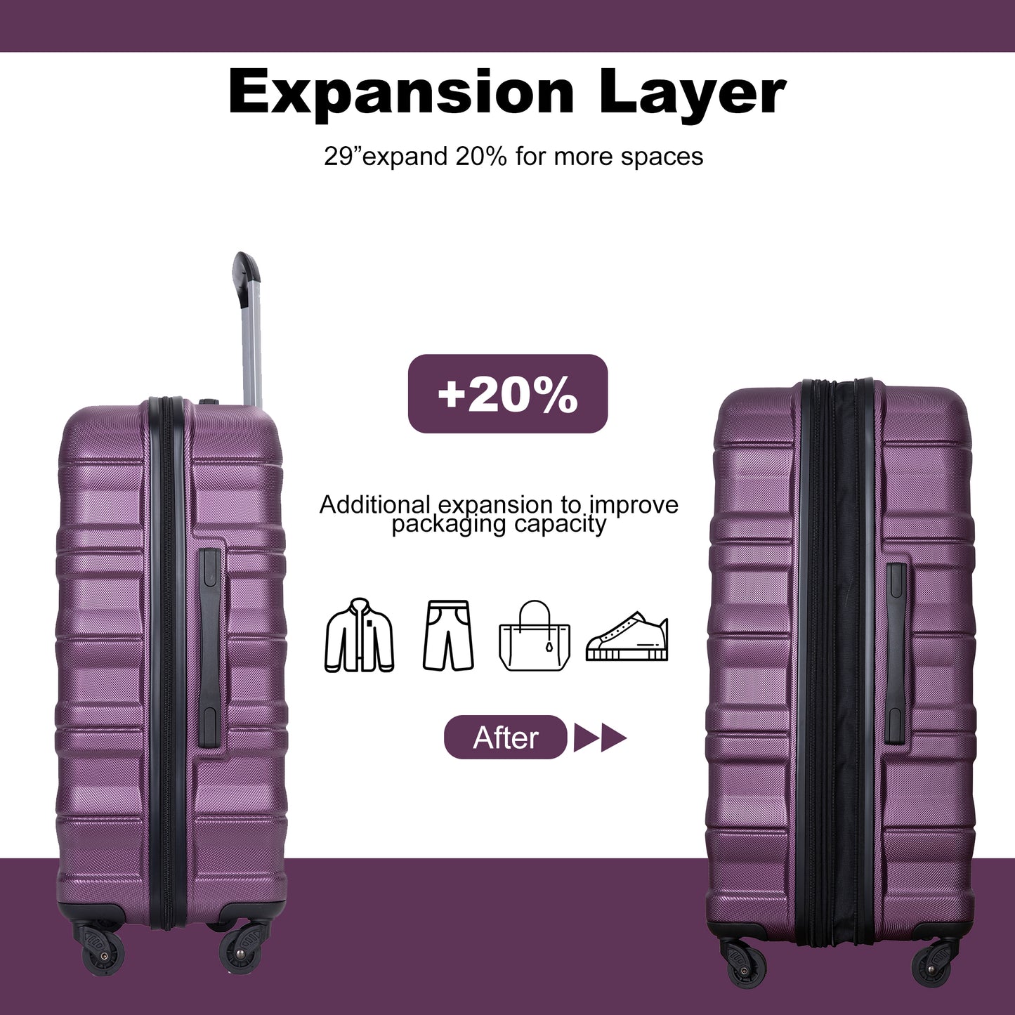 Expandable 3 Piece Luggage Sets PC Lightweight & Durable Suitcase with Two Hooks, Spinner Wheels, TSA Lock, (21/25/29) Dark Purple