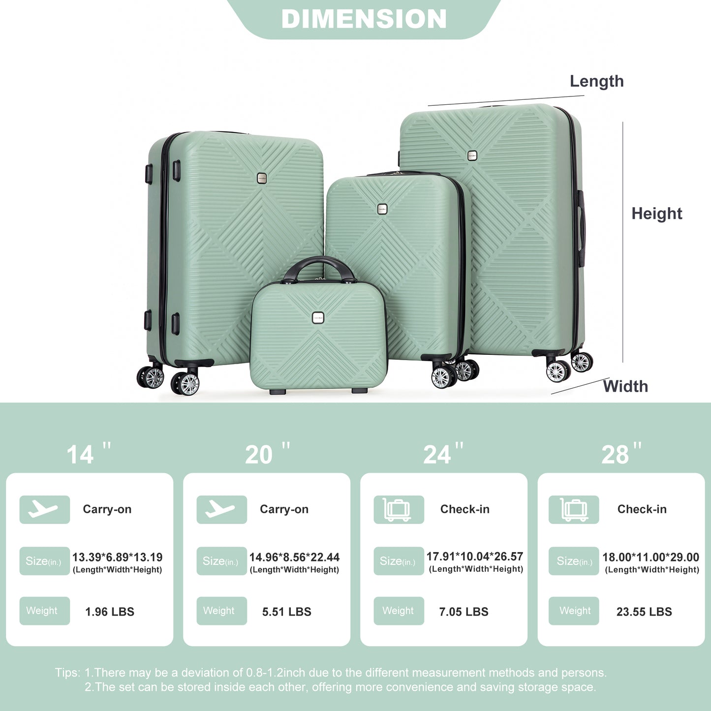 4-piece ABS lightweight suitcase, 14 inch makeup box, aircraft wheels (14/20/24/28) OLIVE GREEN