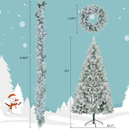 6FT Snow Flocked Christmas Tree, Pre-Lit Set with Tree & Garland & Wreath, Artificial Hinged Xmas Tree with Colorful LED Lights, 8 Lighting Modes, Pine Cones, Holiday Décor for Home