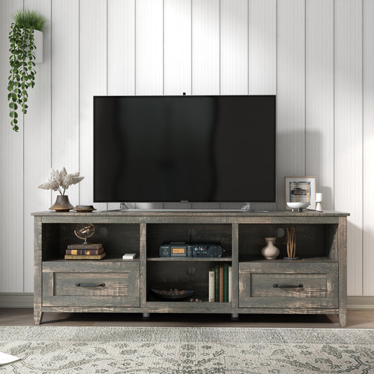 70 Inch Length TV Stand for Living Room and Bedroom, with 2 Drawers and 4 High-Capacity Storage Compartment,  Black Pine