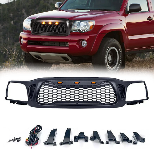 Front Grille Fit For 2001-2004 Toyota Tacoma Mesh Honeycomb Grill with 3 LED Lights