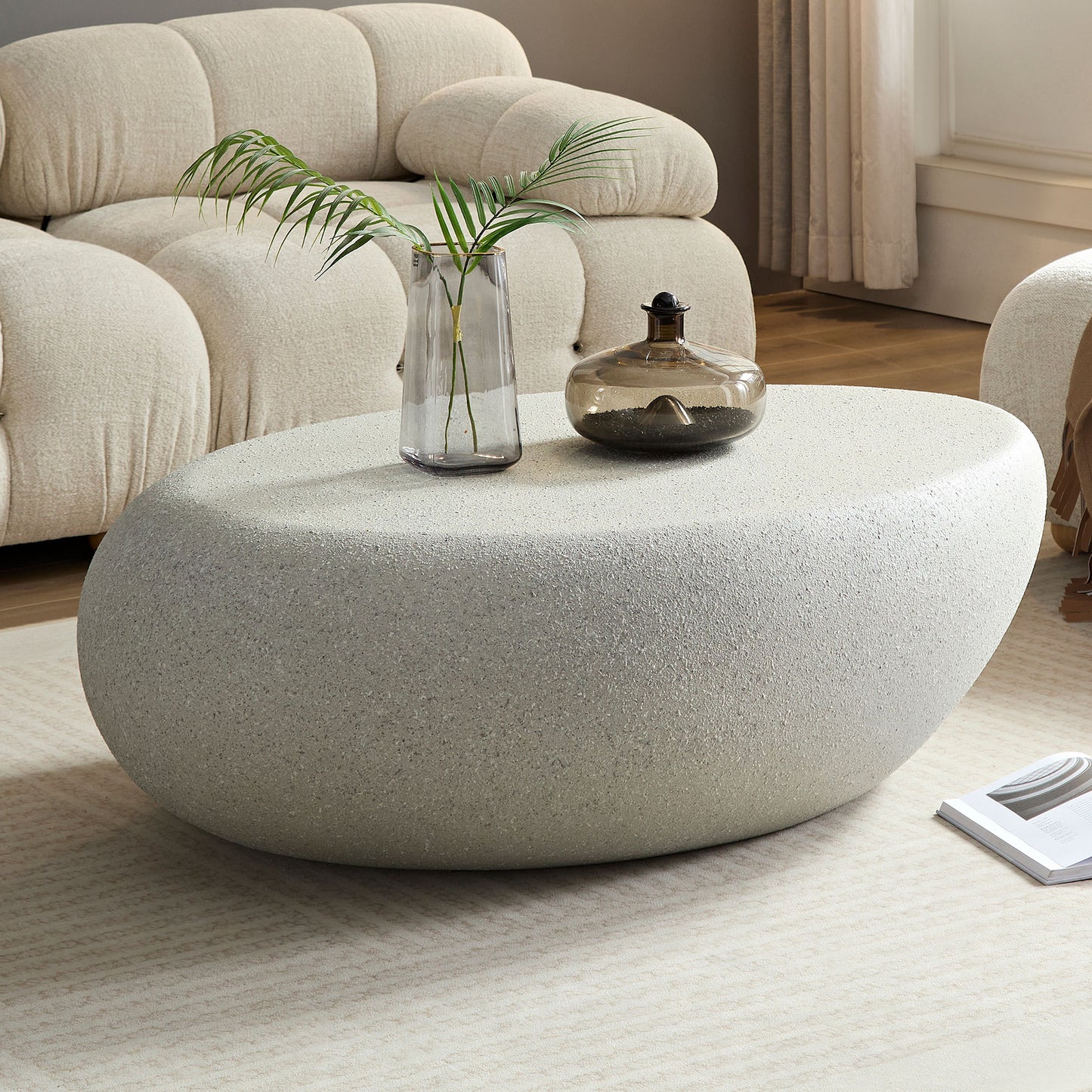 43.31''Fiberglass Elliptical Coffee Table for Living Room Vintage Table,Matte Rocks Table front of the Sofa, Irregular Center Table,No Need Assembly