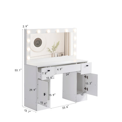 Vanity table with lighted mirror, vanity desk with 3 drawers and storage cabinet,3 color lighting modes adjustable brightness, white color