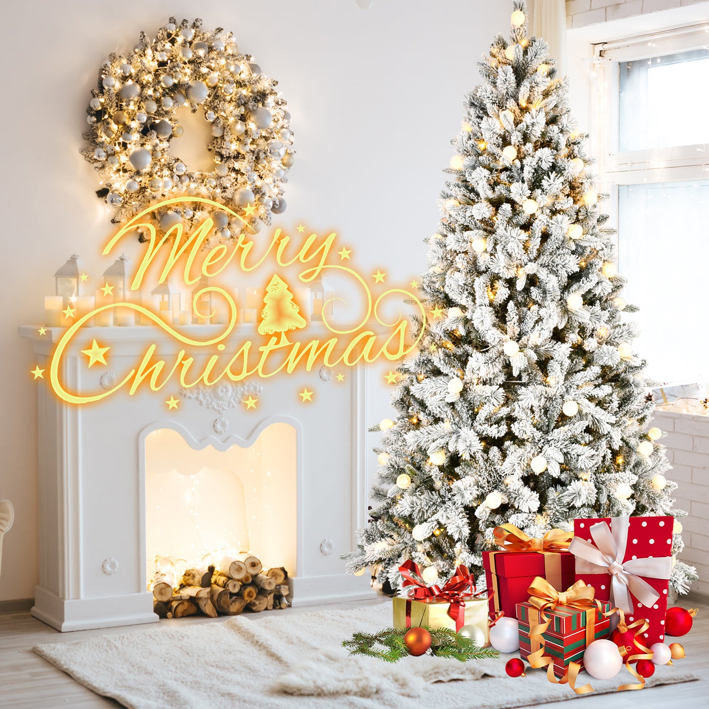 7.5FT PE+PVC  Floceked Christmas Tree with Easy Power & Memory Wire Technology, 400 Dual-Color LEDs With 10 Function, G45 Bulbs, and 1523 Tips , Innovative Holiday Experience!