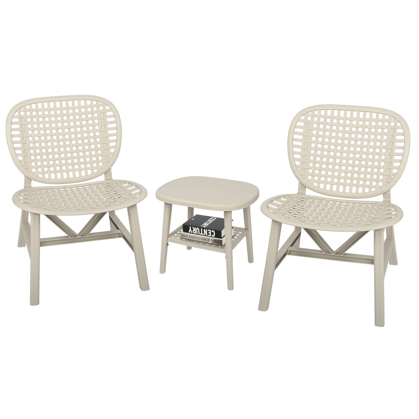 3 Pieces Hollow Design Retro Patio Table Chair Set All Weather Conversation Bistro Set Outdoor Table with Open Shelf and Lounge Chairs with Widened Seat for Balcony Garden Yard White