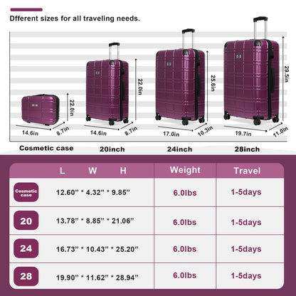 Luggage Sets ABS+PC Hardshell 4pcs  Luggage Hardside Lightweight Durable Suitcase sets Spinner Wheels Suitcase with TSA Lock (12/20/24/28),Purple