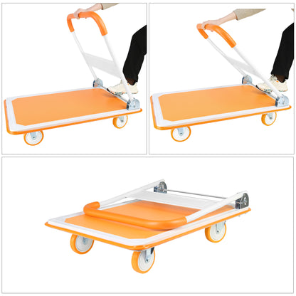 Foldable Push Cart Dolly - 660 Lb. Capacity Heavy Duty Moving Platform Hand Truck - Folding & Rolling White & Orange Flatbed Carts