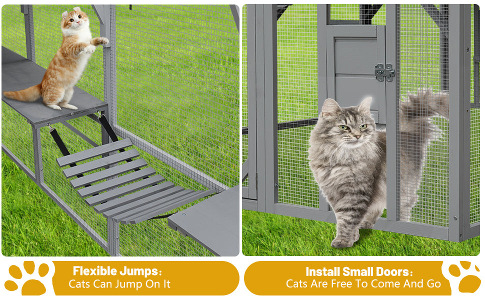 Outdoor Cat House Cat Enclosures 110" Large Kitten Playpen with Platforms,Upgrade Waterproof Cover-grey