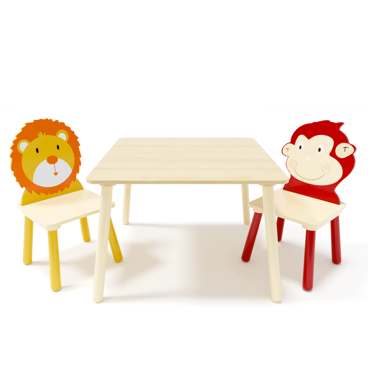 Kids Table and 2 Chairs Set, 3 Pieces Toddler Table and Chair Set, Wooden Activity Play Table Set (Lion&Monkey)