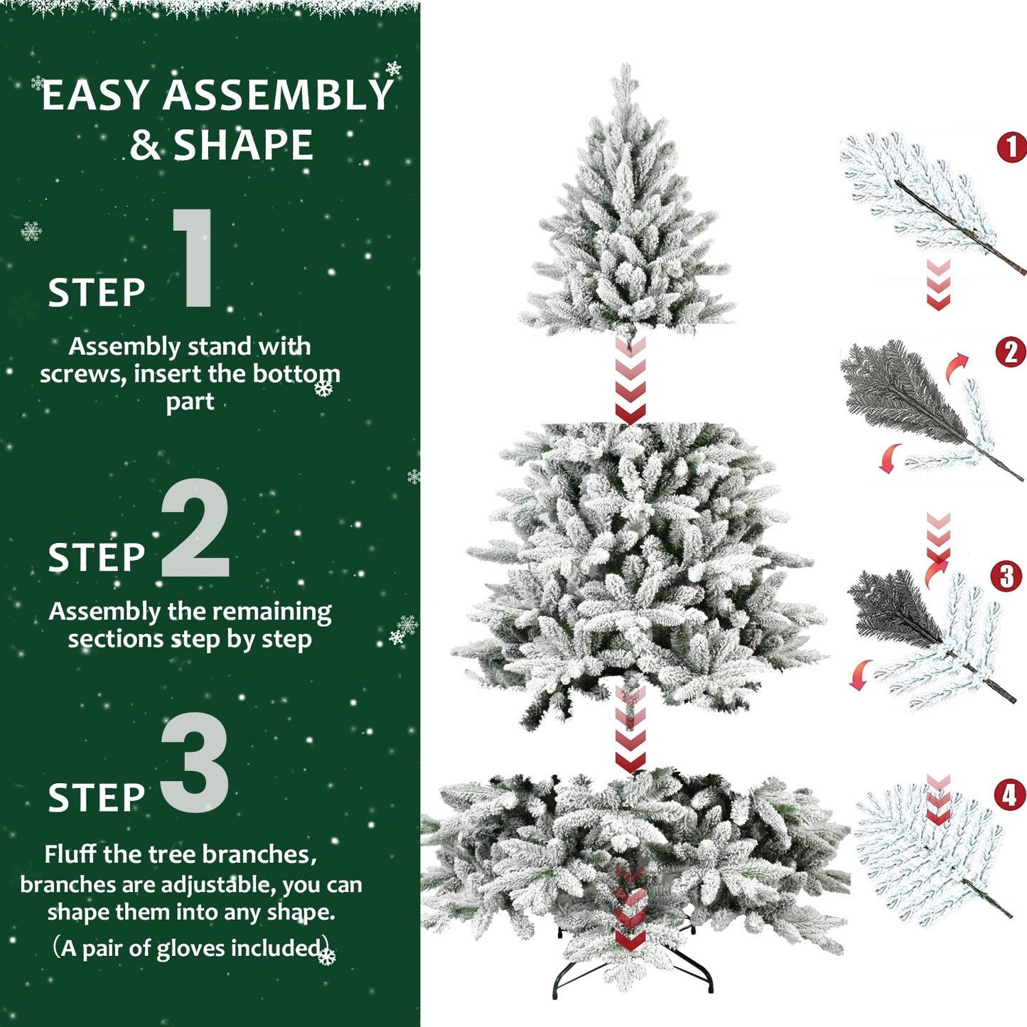 7FT PE & PVC Flocked Artificial Christmas Tree ,With 1514 branch tips and metal stand,Foldable Fake Tree with Realistic Snowy Foliage for Home Decoration