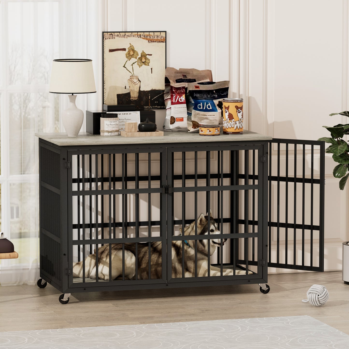 Furniture style dog crate wrought iron frame door with side openings, Grey, 43.3''W x 29.9''D x 33.5''H.