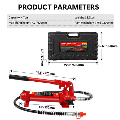 4 Ton Porta Power Kit, Portable Hydraulic Jack with Oil Hose, Auto Body Frame Repair Kit with Storage Case for Car Repair, Truck, Farm