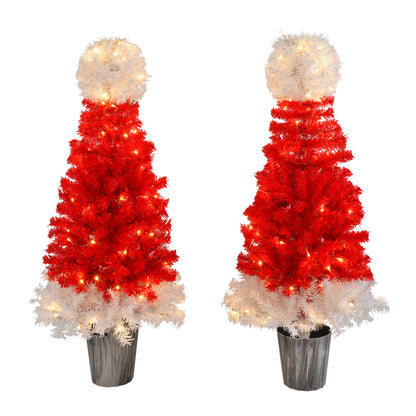 Lighted  Santa Hat Style Christmas Tree Set of 2, 4ft Artificial Tree with Warm White Lights, Christmas Tree for Decoration Inside and Outside