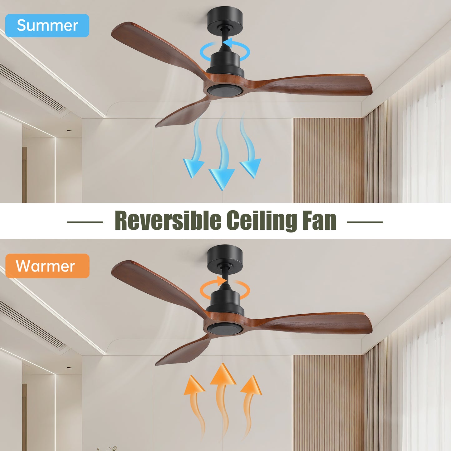 48 Inch Ceiling Fan Without Light, 3 Solid Wood Blades Outdoor Ceiling Fan 6-speed Reversible DC Motor for Living Room