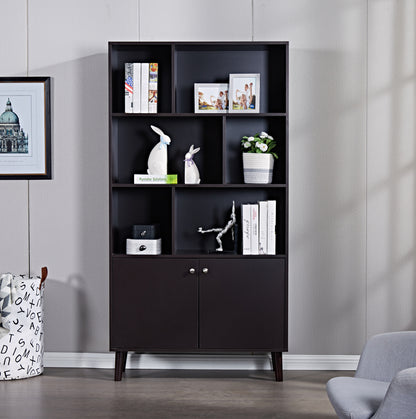 67" Bookcase with Doors, 3-tier Bookshelf, Coffee