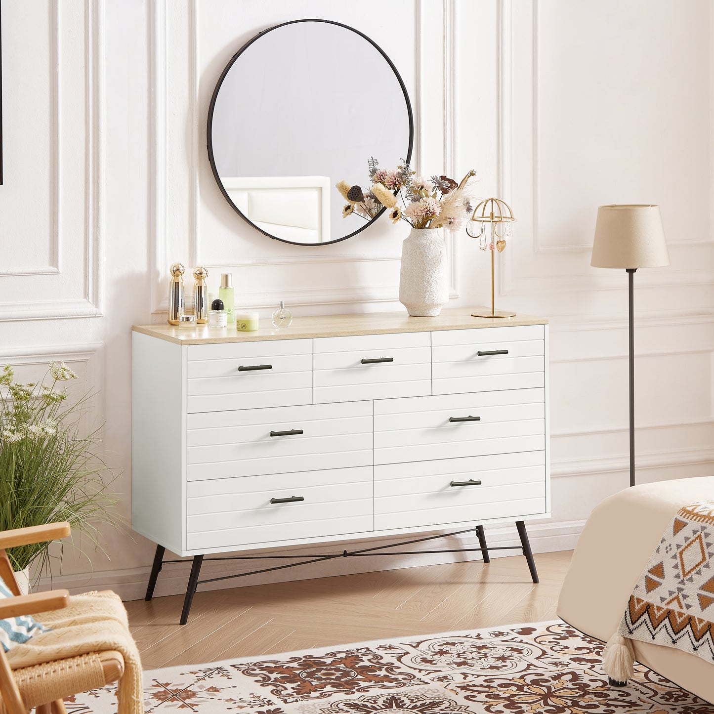 7 Drawer Dresser for Bedroom with Deep Drawers, Wood Dressers & Chest of Drawers, Modern White Long Dressers for Closet Living Room, 47.2"W x 15.7"D x 31.5"H, White & oak