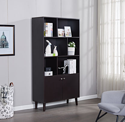 67" Bookcase with Doors, 3-tier Bookshelf, Coffee