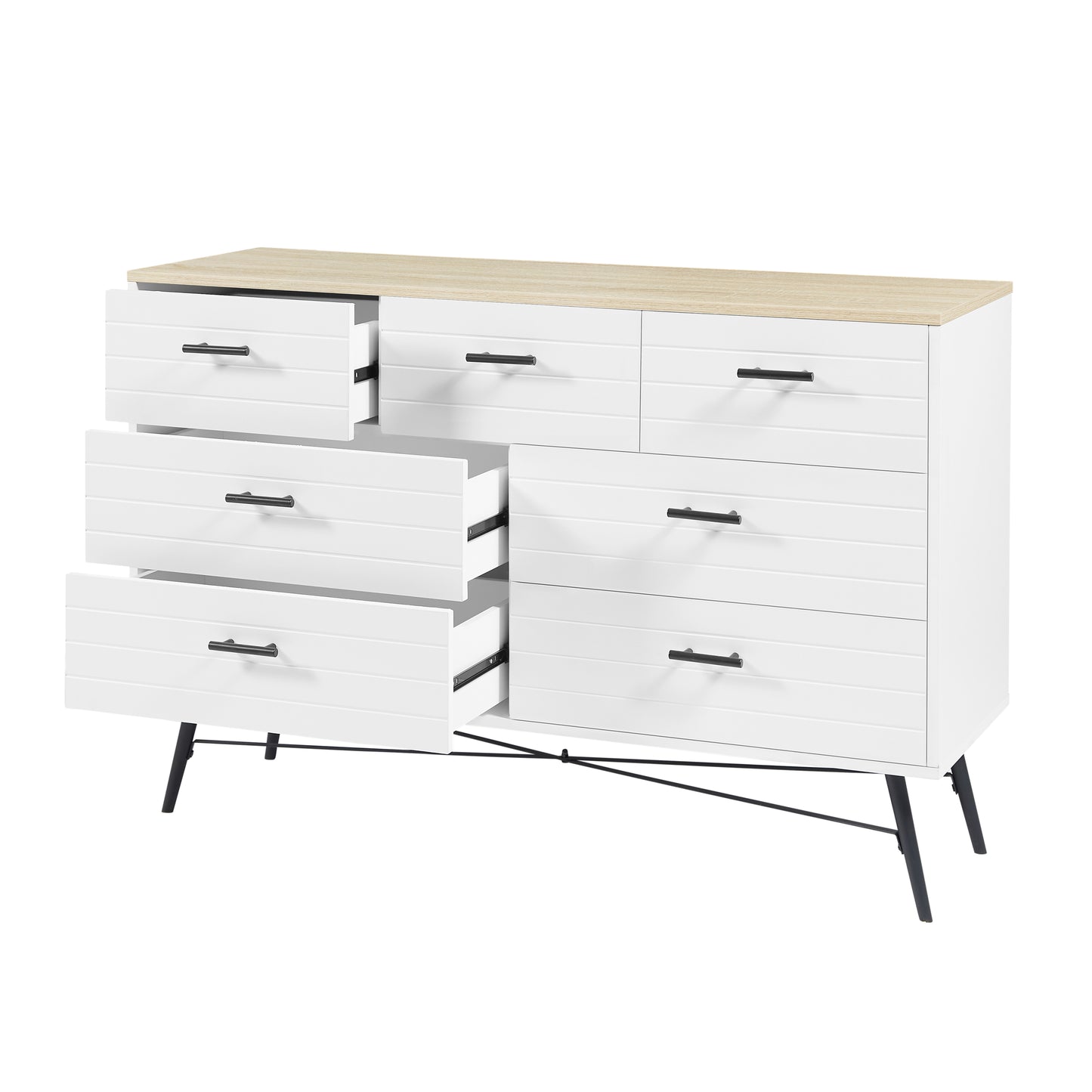 7 Drawer Dresser for Bedroom with Deep Drawers, Wood Dressers & Chest of Drawers, Modern White Long Dressers for Closet Living Room, 47.2"W x 15.7"D x 31.5"H, White & oak