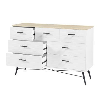 7 Drawer Dresser for Bedroom with Deep Drawers, Wood Dressers & Chest of Drawers, Modern White Long Dressers for Closet Living Room, 47.2"W x 15.7"D x 31.5"H, White & oak