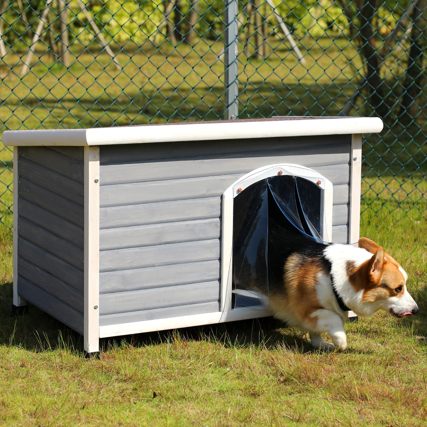 Medium Wooden Outdoor Dog House, Waterproof Roof, Elevated Floor, Adjustable Plastic Feet, Grey