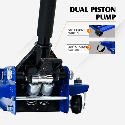 3T Heavy Duty Horizontal Double Pump Floor Jack Foot Model,and Steel Racing Floor Jack with Dual Piston Quick Lift Pump,3 Ton (6,000 lb) Capacity,Blue