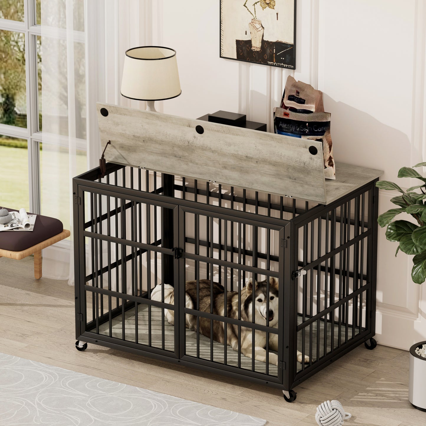 Furniture style dog crate wrought iron frame door with side openings, Grey, 43.3''W x 29.9''D x 33.5''H.