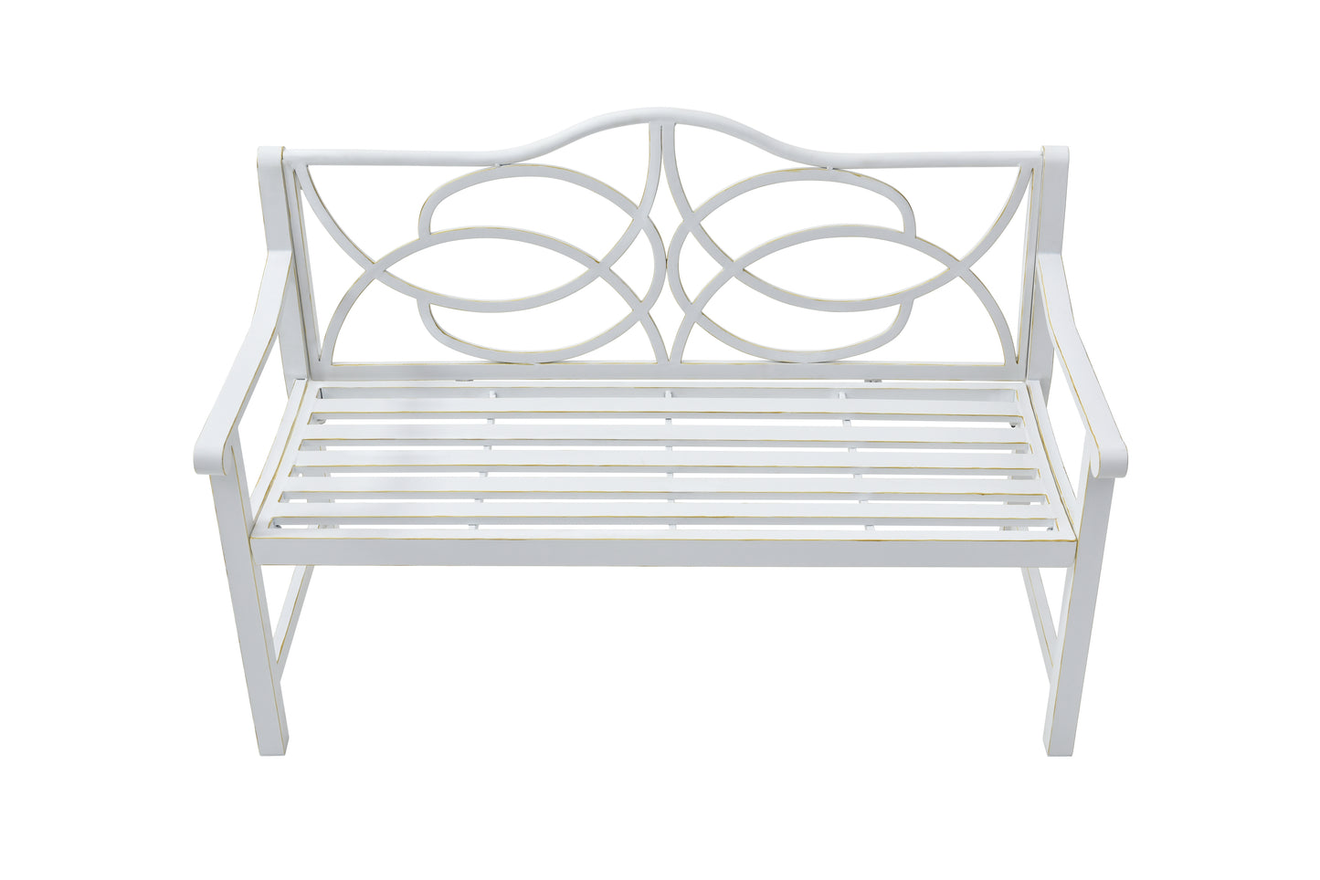 Outdoor Garden Patio Bench,Iron Metal Steel Frame Park Bench with Backrest and Armrest, Slatted Seat for Park, Yard & Porch, Balcony, Accommodates 2-3 People,White