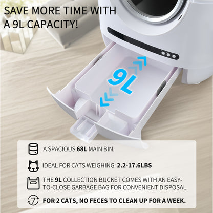 Self-cleaning cat litter box, 68L+9L, suitable for a variety of cat litter, APP control, real-time video, photo and video, safe and reliable, ionic deodorization, with exhaust hose, support WiFi